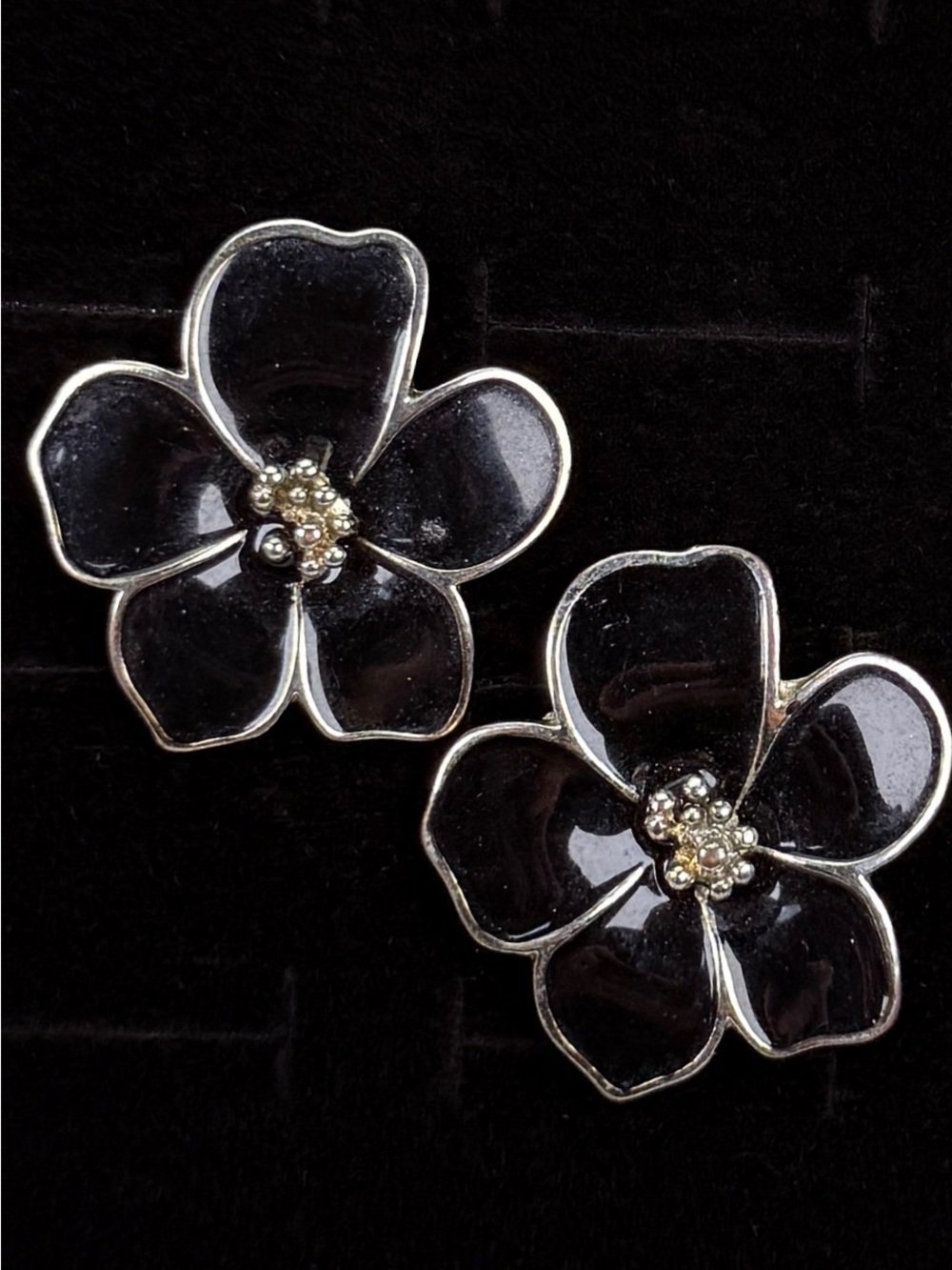 Vintage Silvertone black enamel flower, pierced post earrings